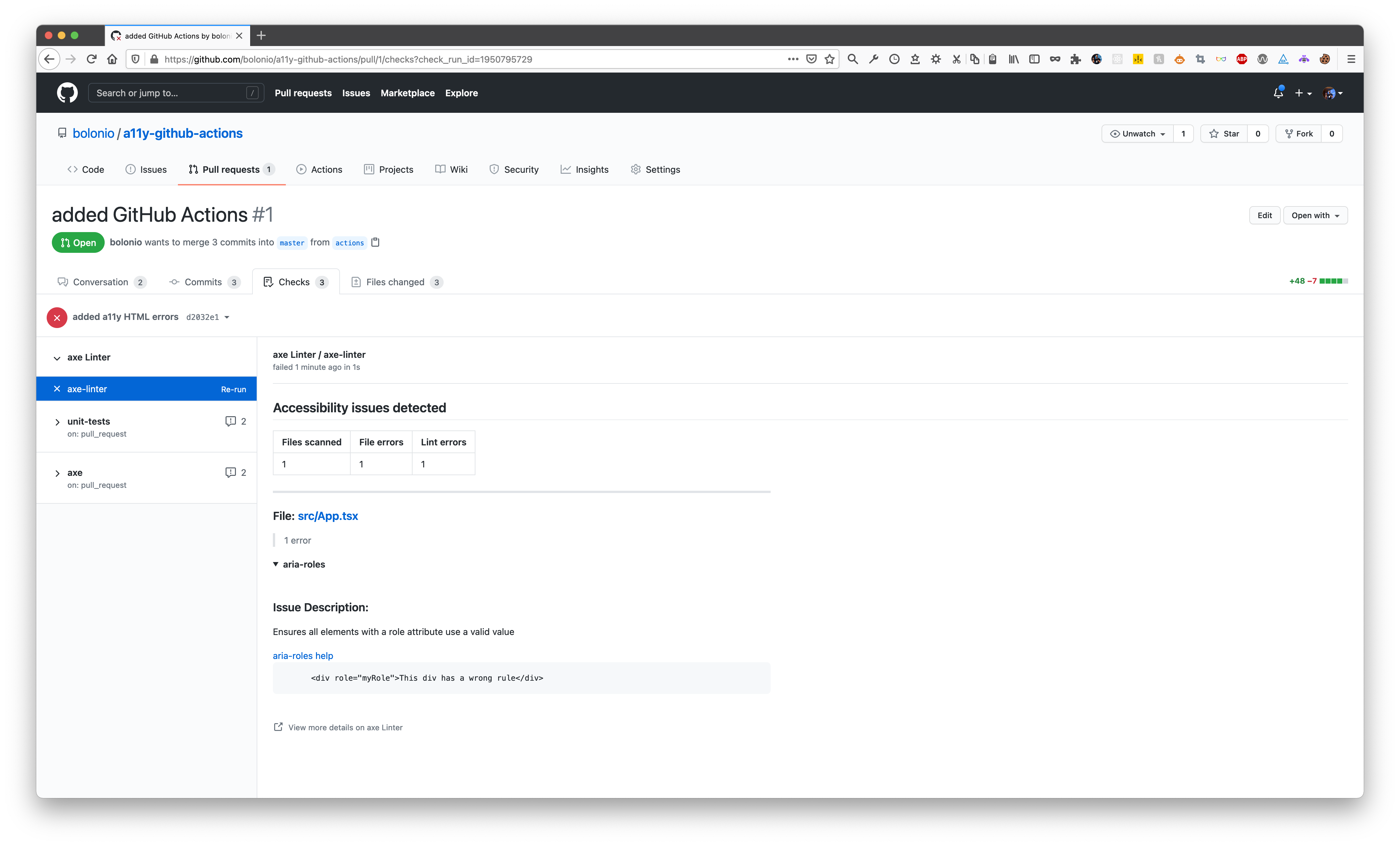 Una captura de pantalla de los detalles de la aplicación axe-linter que se ejecuta en una Pull Request en GitHub"