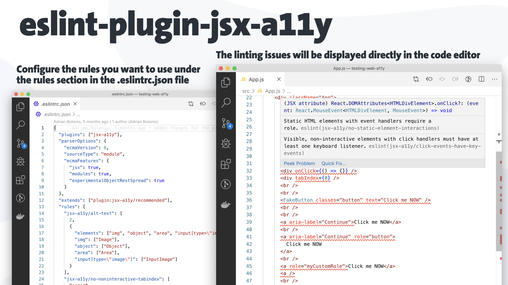 A slide of a presentation on how to use the tool eslint-plugin-jsx-a11y